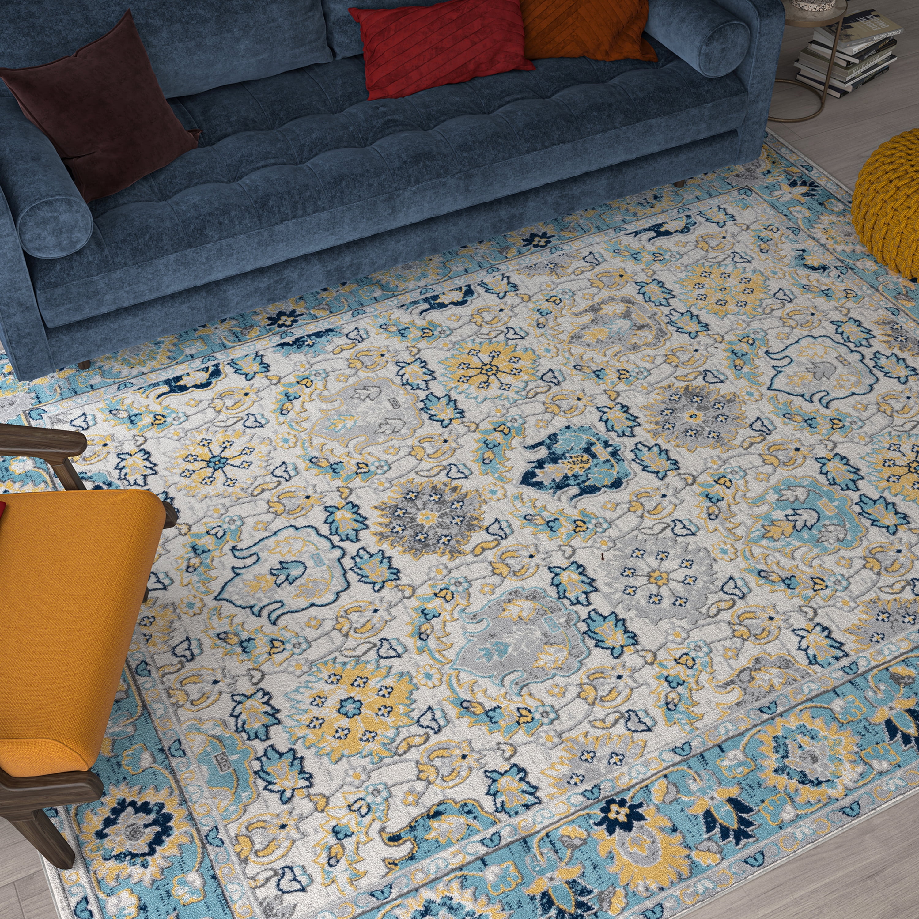 Transitional 8x10 Area Rug (7'11'' x 10'3'') Oriental Aqua, Yellow Living Room Easy to Clean