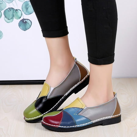 

FZM Leisure Women s Four Seasons Color Artificial Leather Non Slip Flat Round Toe Breathable Lazy Shoes
