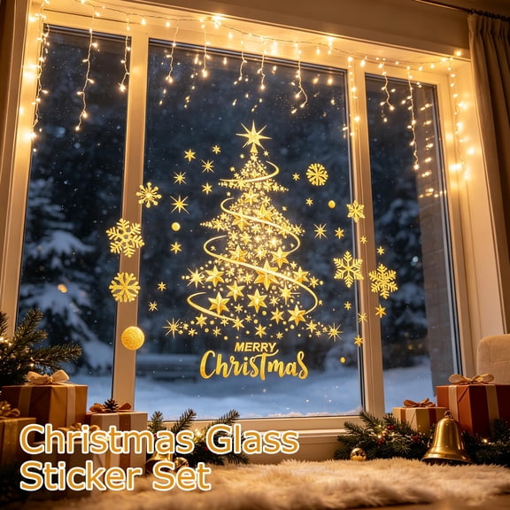Christmas Window Clings Christmas Decorations, Double-Sided Reusable Peel & Stick Removable for Glass, Living Room Xmas Tree Snowflakes