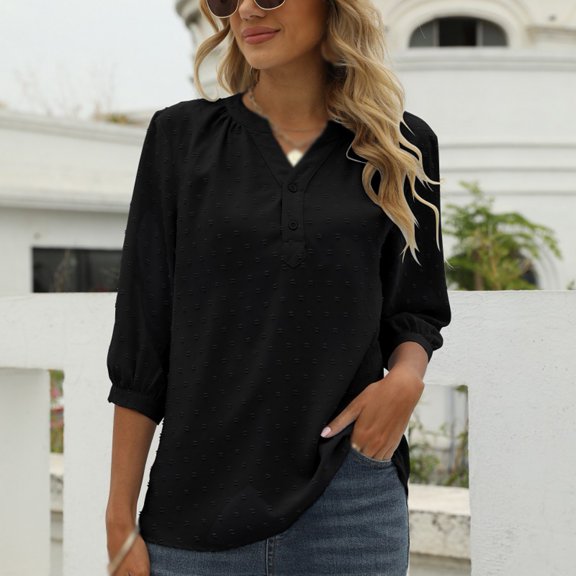 WBQ Womens Chiffon Blouses 3/4 Sleeve Loose Tops Pompom Henley V Neck Pleated Button Down Tunic Tops Casual Office Work Shirts,Black S-XXL