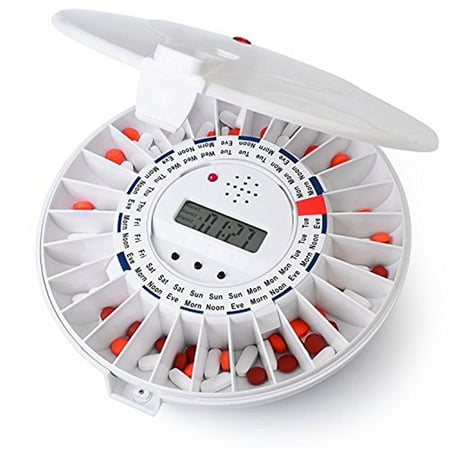 Automatic Pill Dispenser, Electronic Medication Reminder with new Lock, Louder Alarm and Flashing Light - Solid Top