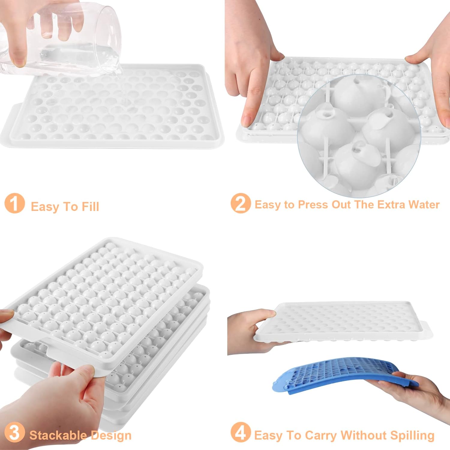 Mini Ice Cube Trays, Upgraded Small Easy Release Ice Cube Trays, 104x4 PCS Tiny Ice Trays for Chilling Drinks, Coffee, Juice (4Pack White Trays, Ice Bin & Scoop)