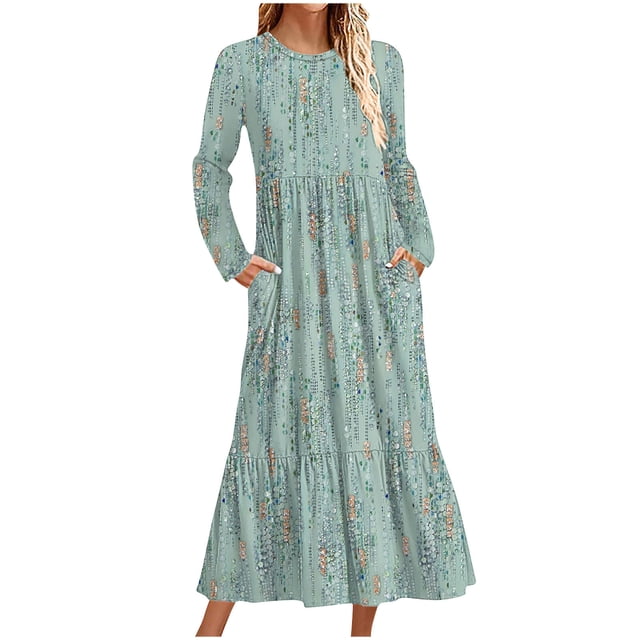 Robe d'Automne, Robe Décontractée à Imprimé pour Femme à Manches Longues et Col Rond, Cadeaux pour Femmes, TG