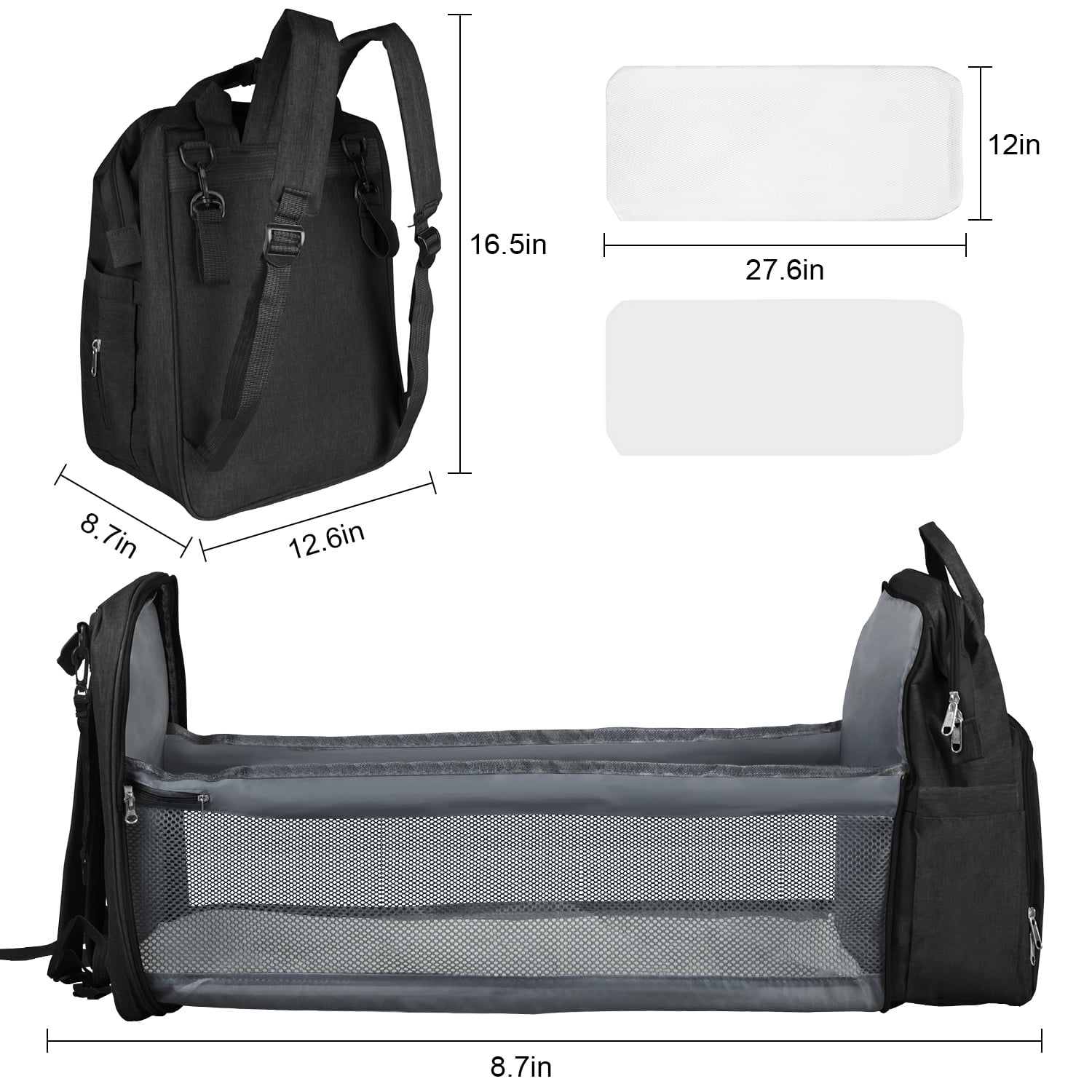 Diaper Bag Backpack,Multifunction Diaper Bag Backpack with Changing Station,Foldable Crib&Insulated Milk Bottle Pocket Large Capacity Baby Nappy Changing Bag Travel Backpack w/ Stroller Straps,Black