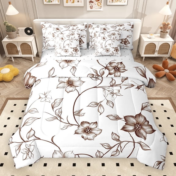 Erosebridal Retro Flower Twin Bedding Sets for Girls Women, Brown Floral Bedding Comforter Set, Reversible, 7-Piece
