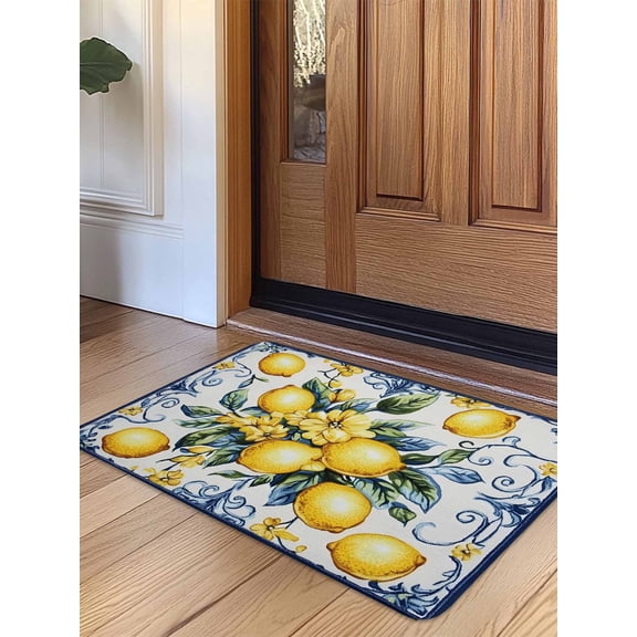 Yellow Lemon Door Mat Indoor Outdoor Entrance, Non Slip Rug for Kitchen Bathroom Entryway Rug, Middle Century Blue Italian Textured Washable Doormat Floor Mat for Office Home Decor 24x36 Inch