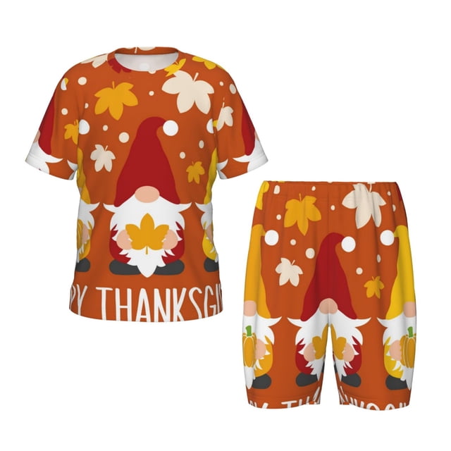 Fotbe Happy Thanksgiving Three Gnomes Pijama Estampada de 2 Piezas para Niños – Ropa de Dormir de Manga Corta Cómoda para Niños y Niñas, Camiseta y Shorts de Algodón-X-Large