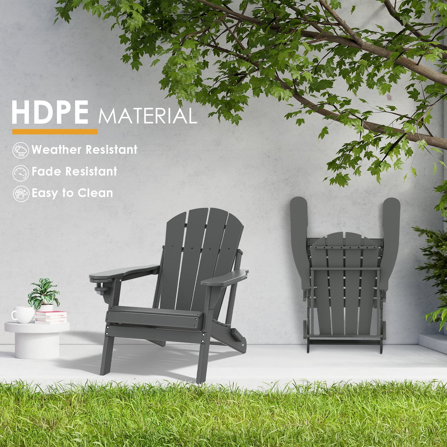 Pipopa Outdoor Folding HDPE Adirondack Chair with Cup Holder,All-Weather Patio Chair for Garden,Backyard,Pool,Grey