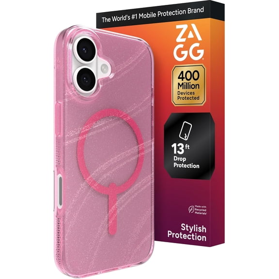 ZAGG Milan Snap Case For iPhone 17 - Pink Glimmering Wave Graphene Strengthened Phone Case with Drop Protection (13ft/4m) Textured Edges & Sparkle Design MagSafe Charging Compatible