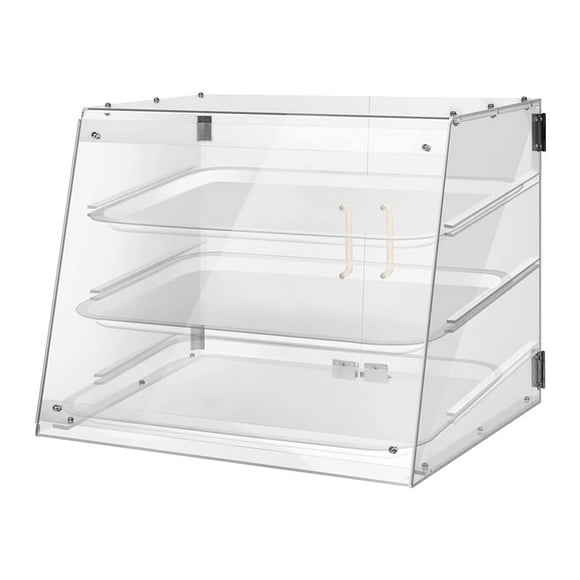 3-Tier Acrylic Display Case, 21 x 17 x 16 inch, Ideal for Commercial Countertops, Features Rear Door Access and Conveniently Removable Shelves for Pastries