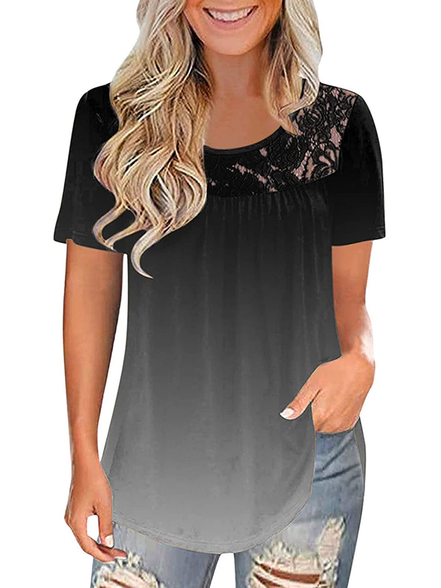 JustVH Women Gradient Color Short Sleeve Lace Tops Tshirt Loose Tunic