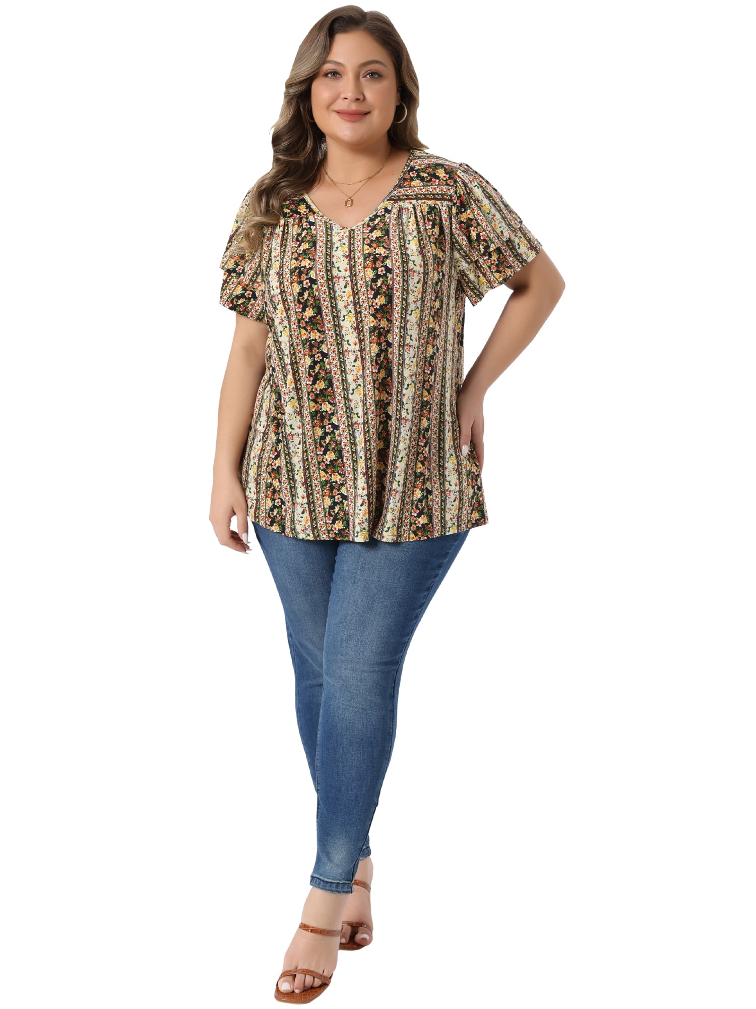DARING DIVA Women's Plus Boho Floral Double Ruffle Sleeve Blouses 3X Black Yellow