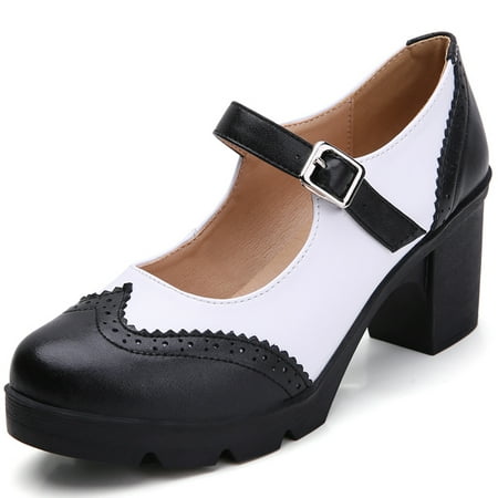 

DADAWEN Chunky Mid-Heel Platform Mary Jane Pumps for Women Square Toe Oxfords Dress Shoes Black/White 9 US
