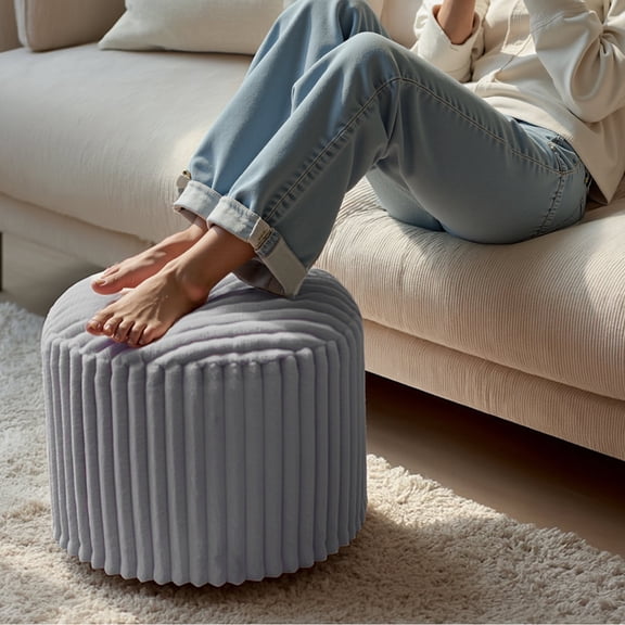 Laitimia 20" Fluffy Faux Fur Ottoman, Round Pouf Footrest, Mooncake Foot Stool, Paran Accent Pouf For Modern Interior Design, Fluffy Furry Vanity Chair, Soft Seat Reading Chair, Gray