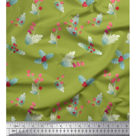 Soimoi Green Velvet Fabric Red Berries & Holly Leaves Printed Fabric 1 Yard 58 Inch Wide