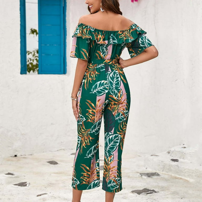 Stamzod Womens Jumpsuits Fashion Casual Printing Ruffles Suspenders One  Shoulder Lacing Jumpsuit Wide Leg Pants Clearance 
