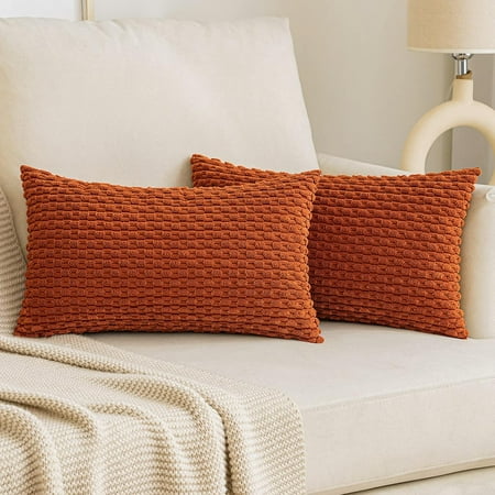 

EMEMA Fall Throw Pillow Covers Soft Corduroy Decorative Boho Striped Pillowcases Rectangle Cushion Case Farmhouse Home Decor for Couch Sofa Living Room Bed Set of 2 16x16 Inch Burnt Orange