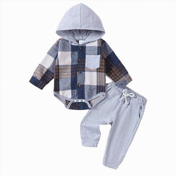 larppty Newborn Infant Baby Boy Clothes Long Sleeve Plaid Romper Hooded Letter Pants Outfits Set