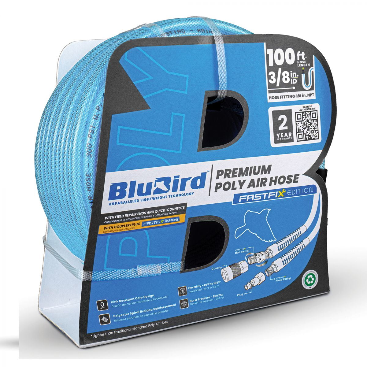 BluBird 3/8" x 100' Polyurethane Air Hose – Lightweight, 300 PSI, Brass Fittings, Non-Marking, Flexible -40°F to +165°F, Kink & Abrasion Resistant, Ozone Resistant – 2 Yr Warranty