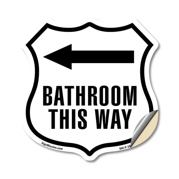 Bathroom This Way Left 12 inch X 12 inch Shield Shaped Heavy Duty 3.2 mil Vinyl Decal Weather Resistant Made in the USA