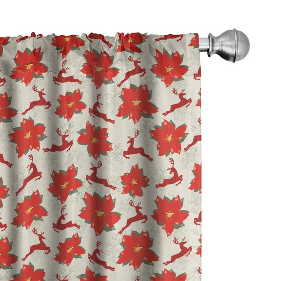 Ambesonne Christmas Curtains, Poinsettia Reindeer, Pair of 28"x95", Scarlet Ruby Beige