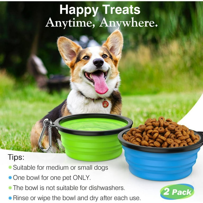 Pawaboo Collapsible Dog Bowls 2 Pack with Lids, Blue & Green photo 2