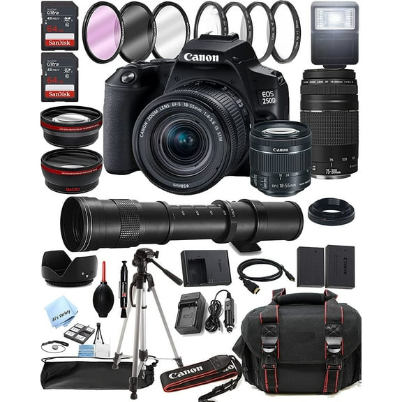 Canon EOS 250D Rebel SL3 DSLR Camera w/EF-S 18-55mm F/4-5.6 is STM Zoom Lens + 75-300mm F/4-5.6 III Lens + 420-800mm Super Telephoto Lens + 128GB Memory + Case + Tripod + Filters 40pc Bundle