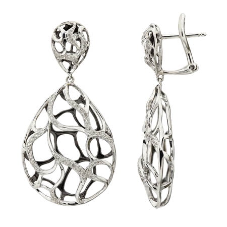 14K White Gold 0.34ct Mesh Inspired Prong Round White Diamond Dangle Earrings