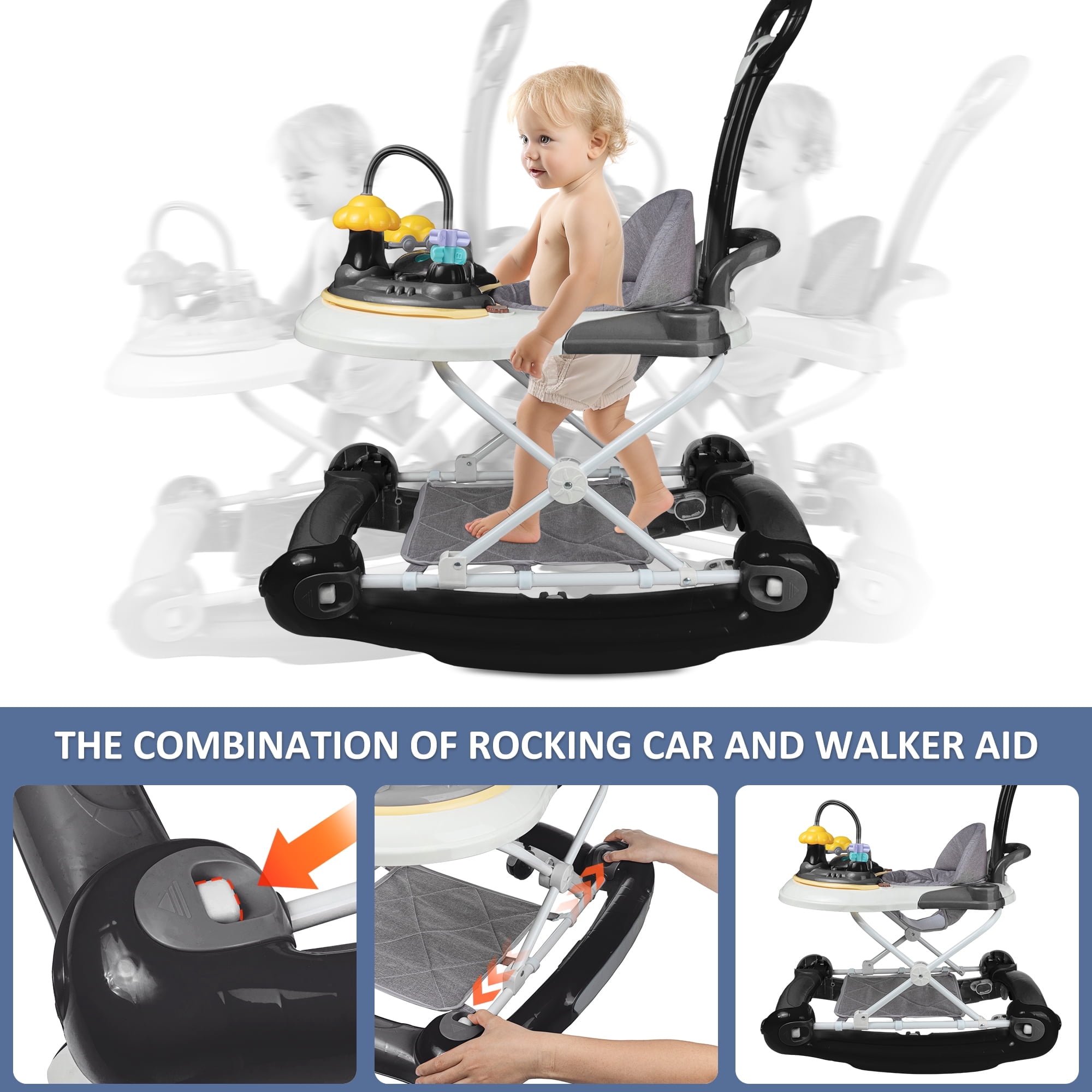 JieC 5-in-1 Baby Walker with Wheels,Infant Toddler Walkers Bouncer for Boys Girls,Black