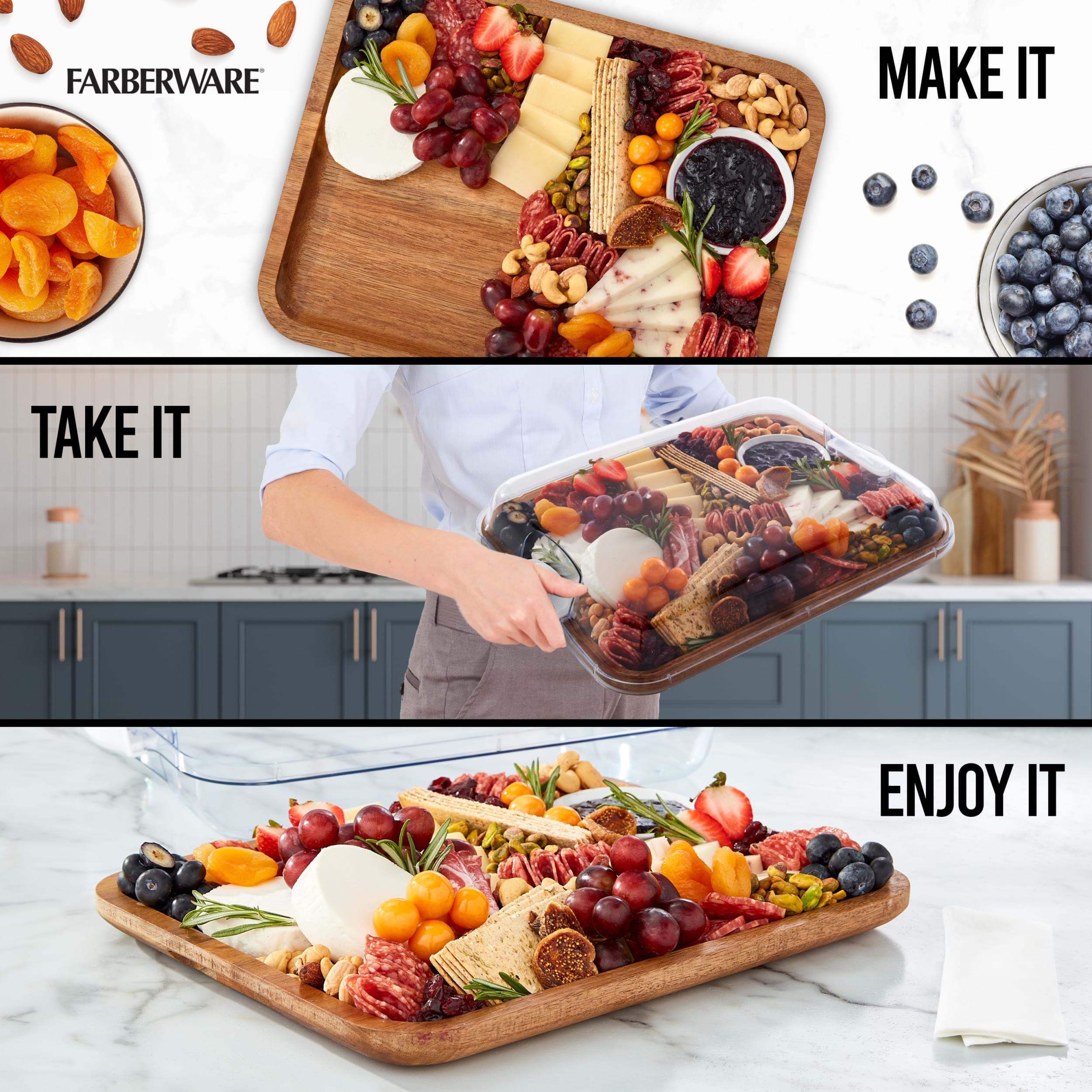 Farberware Build-a-Board Acacia Board, Single Compartment, Locking Lid, Charcuterie, 11x14, White