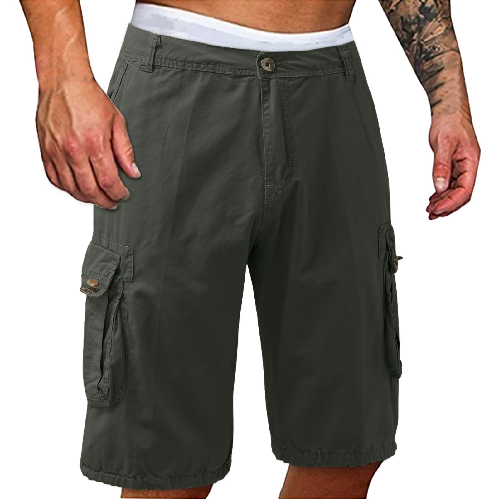 Mens Casual Loose Flat Front Shorts Multi Pockets Cargo Solid Casual Half Pants 