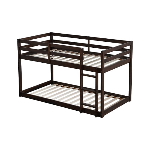 Nmkwnr Twin over Twin Floor Bunk Bed with Ladder, Wooden Platform Bed with Strengthened Slats, Dark Brown