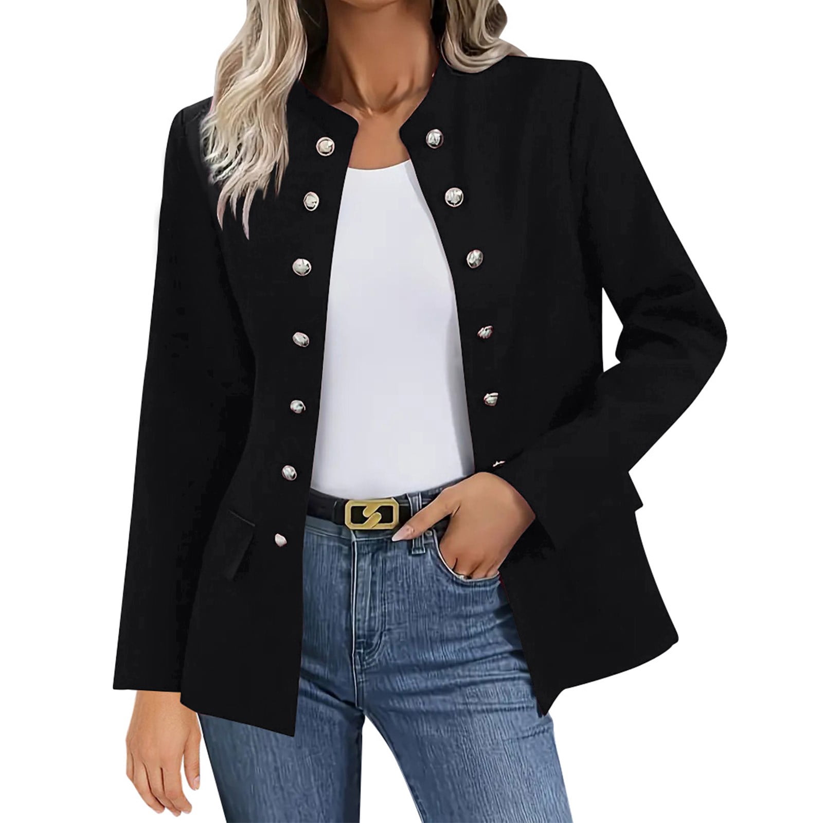 Weikingp Blazers for Women,Women'S Business Casual Buttons Pockets Open Front Suit Cardigan Womens Blazer Tops for Women Trendy Clearance Black L