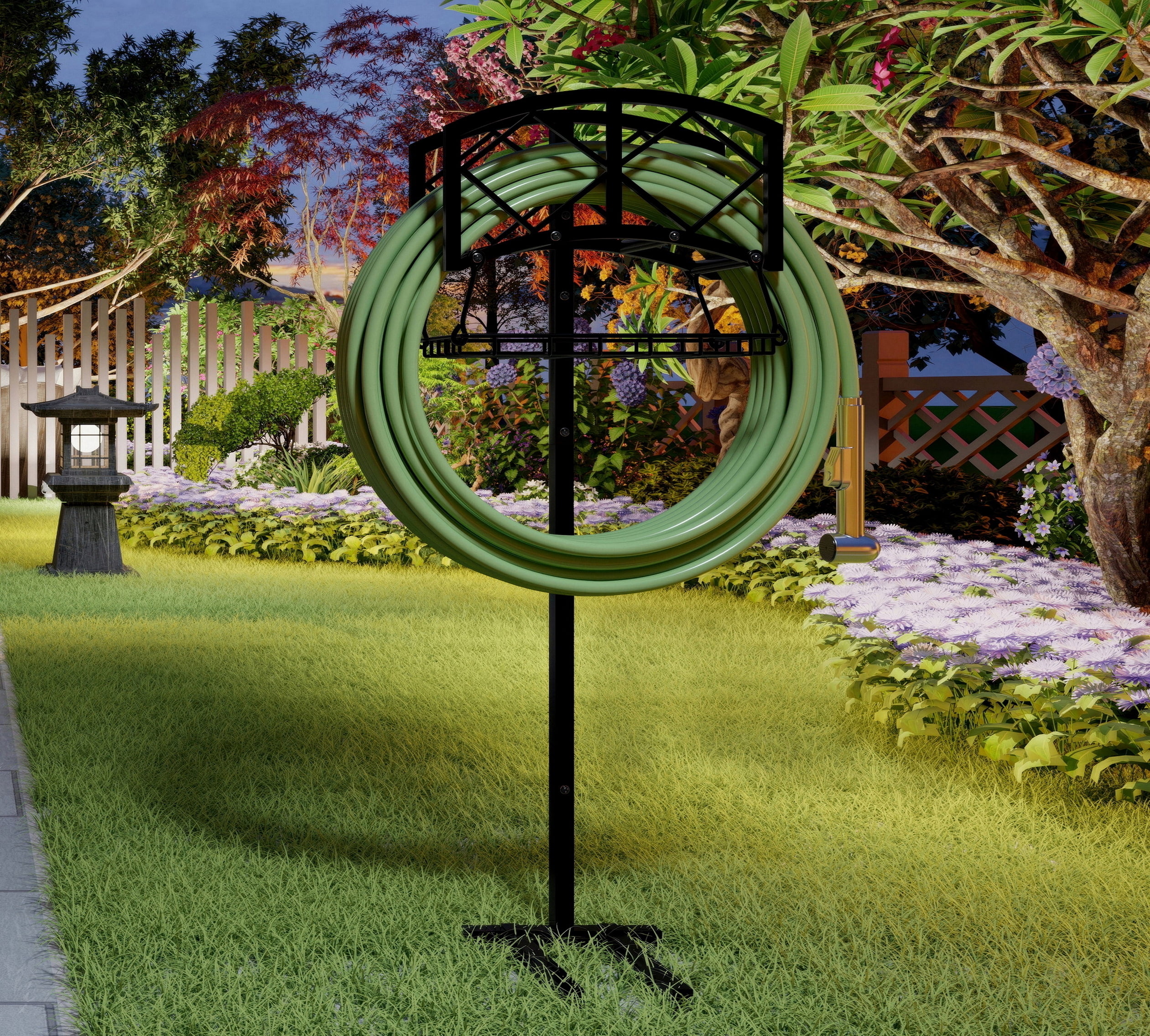Fire Beauty Freestanding Garden Hose Holder for Outdoor - Heavy Duty In-Ground Hose Rack Organizer with Detachable Stake, Holds 150ft Hose & Reel Stand, Rust-Proof Lawn Yard Water Hose Hanger (Black)