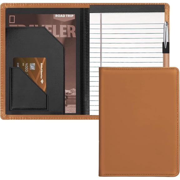 Junior Padfolio Folder - A5 Portfolio Binder Case with 5 x 8 Writing Pad and Interior Storage Pocket Executive Business Organizer for Men Women, Brown