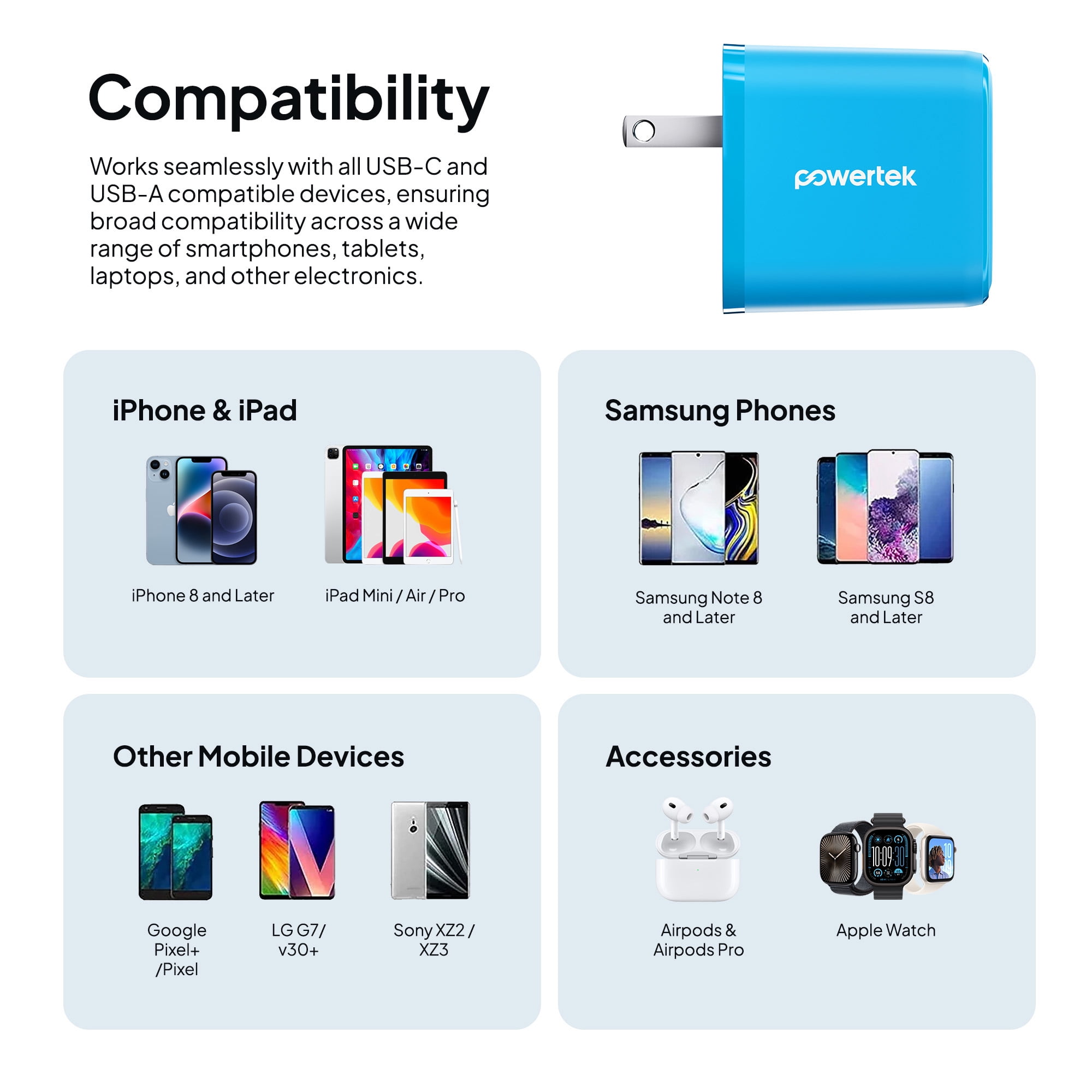 Powertek 20W USB-C PD + USB-A Dual Port Wall Charger, Blue