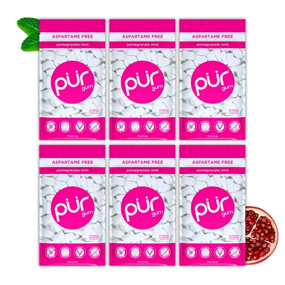 PUR Gum, Aspartame Free, Sugar Free & 100% Xylitol, Pomegranate Mint Chewing Gum, 55 Pieces, Pack of 6