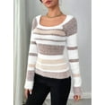 thumbnail image 6 of Women'S Pullover Striped Knit Square Neck Sweater Color Block Long Sleeve Cute Trendy Fuzzy Sweaters Brown XS, 6 of 10