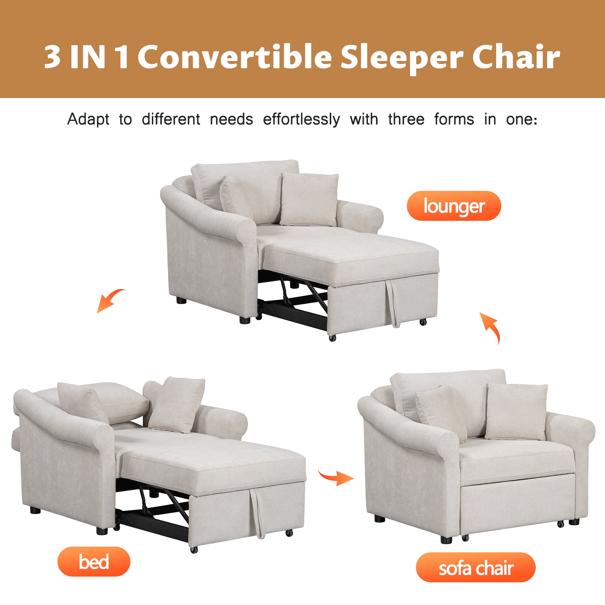 Euroco Chenille Convertible Sleeper Chair with Adjustable Backrest, 3 IN 1 Lounger Chair Turns Into Bed, Single Bed for Living Room, Beige