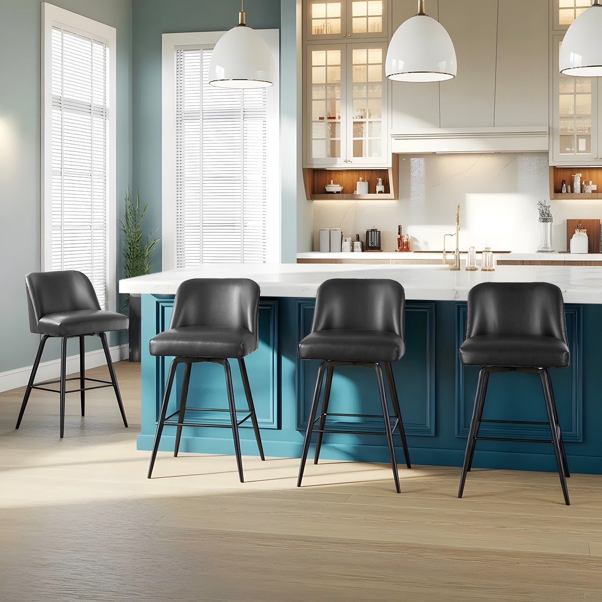 L'AGRATY Modern Bar Stools Set of 4, 26" High-Back Counter Stools, Faux Leather Upholstery, for Kitchen Island, Home Bar, Black