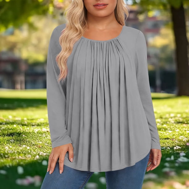 TaTaai Ladies Plus Size Loose Fit Solid Color Long Sleeve Crew Neck Tops Pleated Detail Casual Soft Comfortable Elegant Blouse For Women Daily All Season Gift
