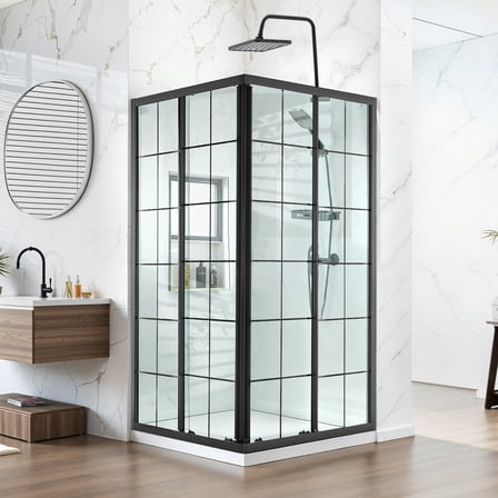 VEVOR Shower Enclosure, 35 in. D x 35 in. W x 72 in. H, Framed Corner Double Sliding Shower Door with 1/4 in. Clear Tempered Glass, Bathroom Stall Kit with Matte Black Frame & Aluminum Alloy Handle
