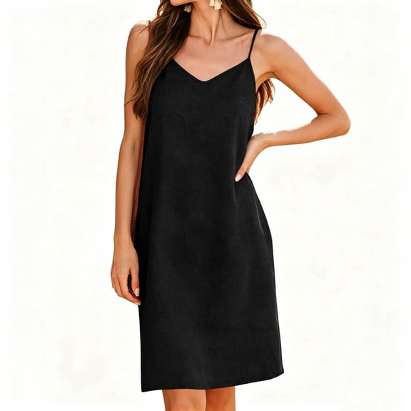 ClodeEU Women's V Neck Sleeveless Slip Dress, Casual Spaghetti Strap Midi Dress Black,Women's Plus L