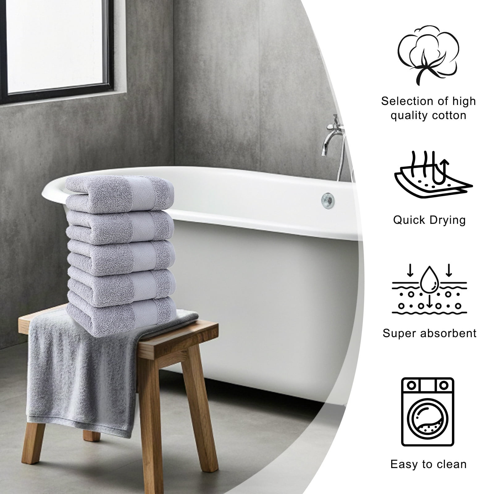 5 Pack Medium Bath Towel Set, Ring Spun Cotton, Lightweight and Highly Absorbent Quick Drying Premium Towels for Hotel, Spa and Bathroom