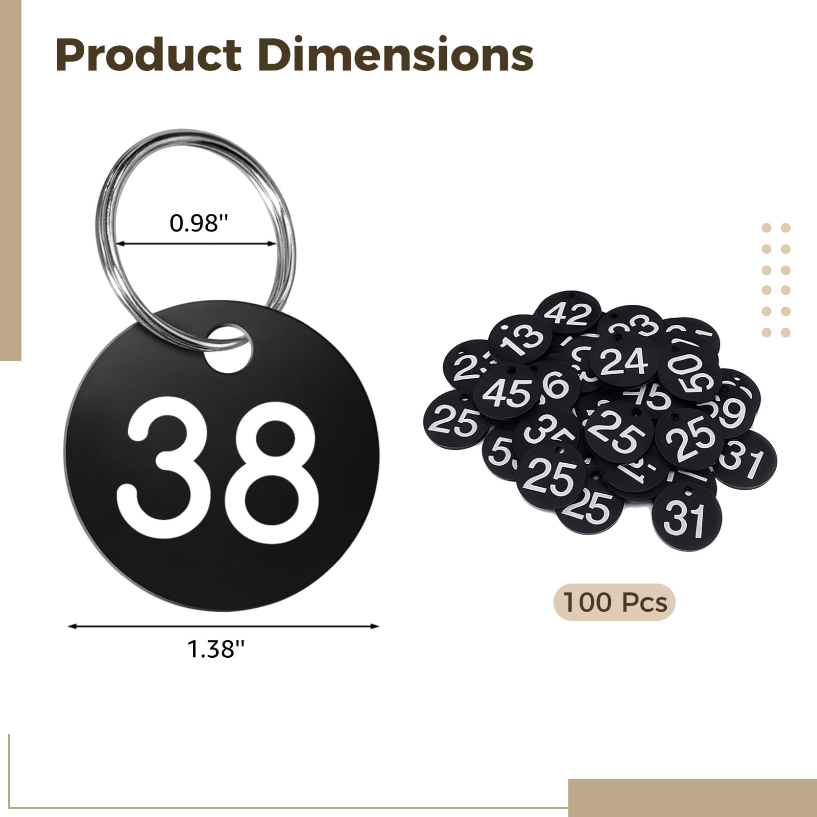 100 Pcs Numbered Key Tags, Round Black Plastic Key Identifiers, White Numbers, Key Labels with Ring for Organization, Classification, Storage, and Sorting