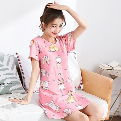 

QWZNDZGR Summer Knitted Cotton Women s Sleep Lounge Dress Big Girls Cartoon Sleepwear Nightgowns Sleepshirts Night Shirts Home Clothing