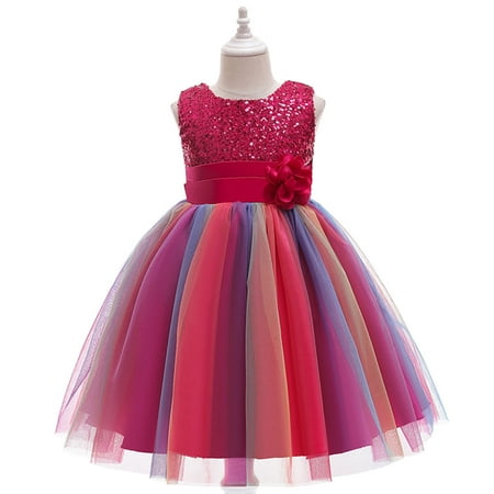 

QISIWOLE Toddler Girls Color Net Yarn Bowknot Birthday Party Flowers Gown Kids Dresses summer sale