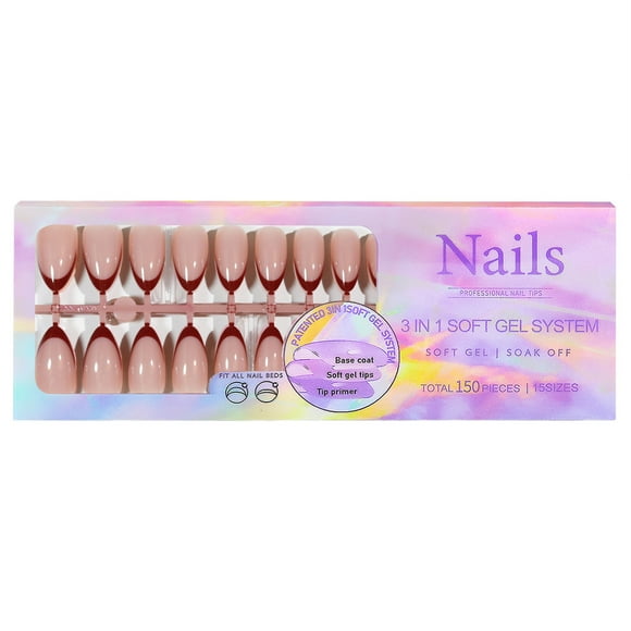 150PCS French Gel Nail Tips 5 Colors French Tips Press on Nails 15 Sizes Fake