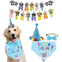Dog Birthday Decorations, Puppy Birthday Party Outfits,Birthday Hat/Bow Tie/Bandana/Happy Birthday Banner,Pet Theme Suit Apparel & Accessories for Boy Golden Doodle Teddy Husky Labrador (4PCS Blue)