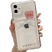 Compatible with iPhone Case,Cute Kawaii Cartoon Bunny Bear Clear Credit Card Slot Holder Wallet Transparent Corner Protection Soft Shockproof Cover Phone Case (Bear,iPhone Xr)